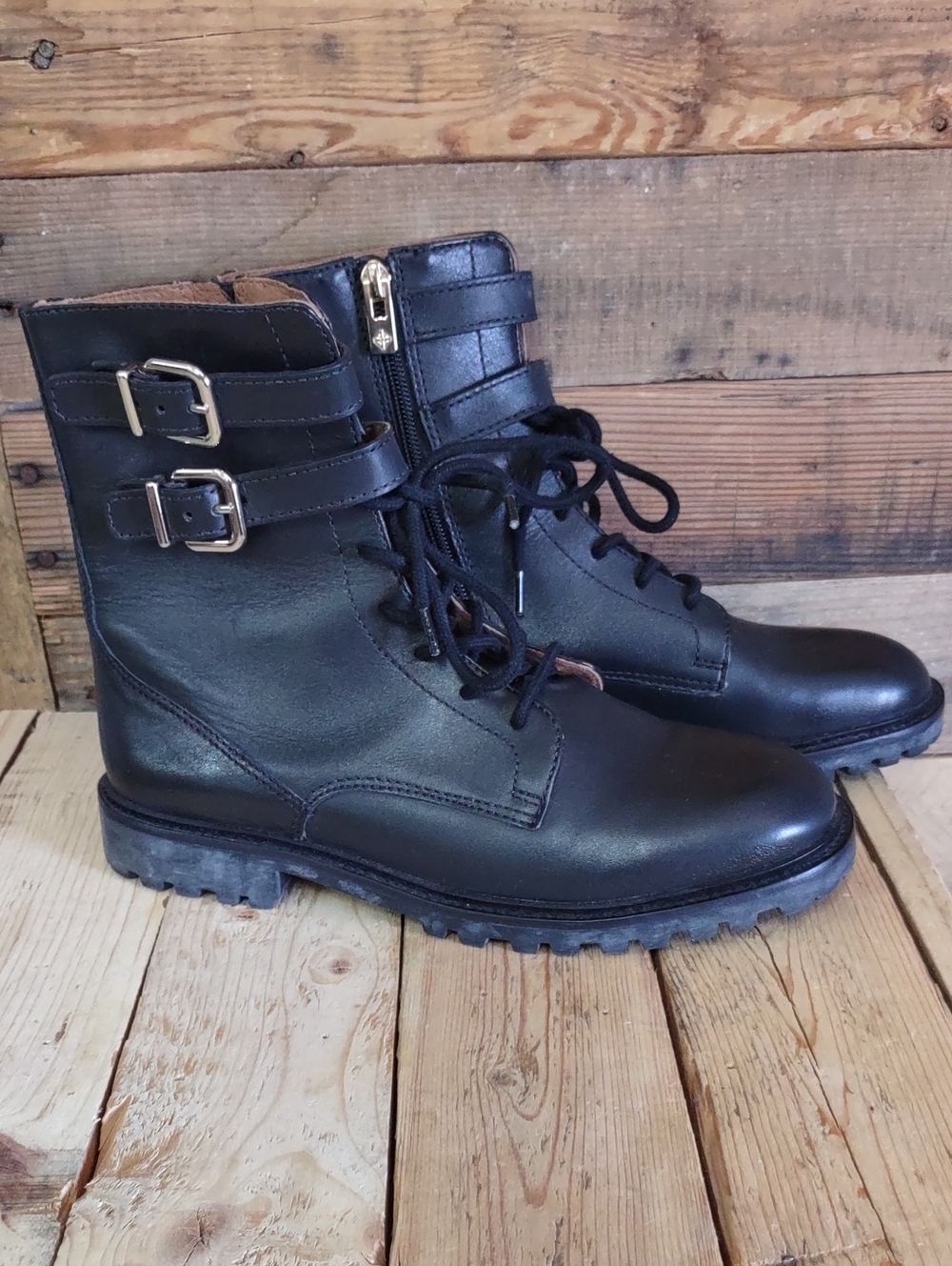 Antonio Melani Black Leather Laced Biker Boots With Buckle